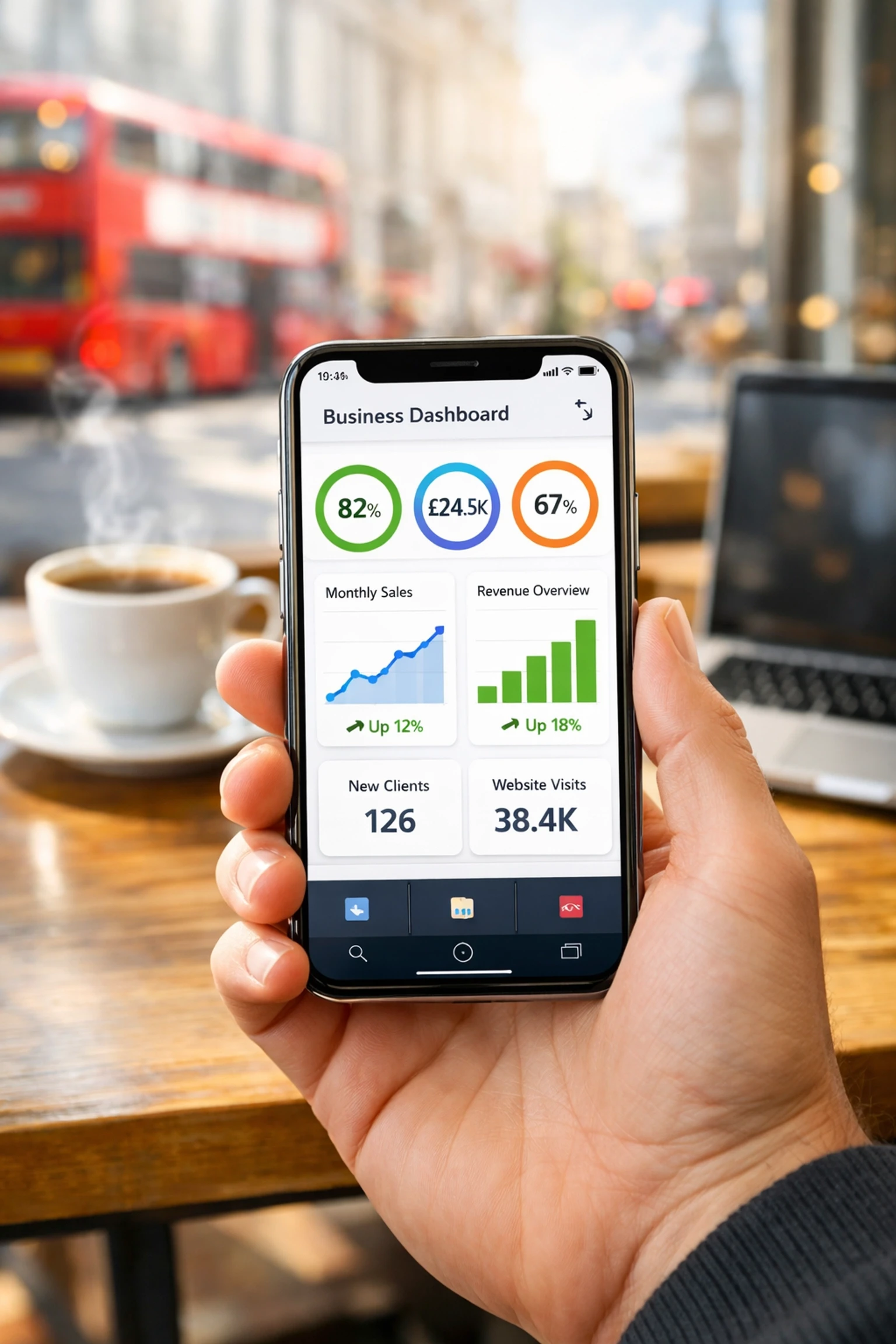 Modern dashboard on a smartphone showing the benefits of business process automation uk.