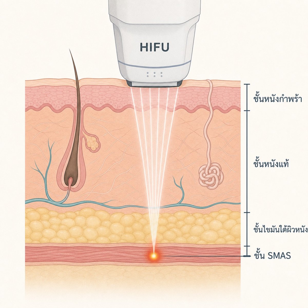 ภาพตัดขวางแสดงพลังงาน HIFU ของ Ultherapy ลงไปถึงชั้น SMAS ใต้ผิว