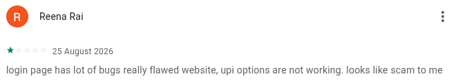 1 star Google Play review of Tsenta reporting login bugs flawed website and broken UPI payment options