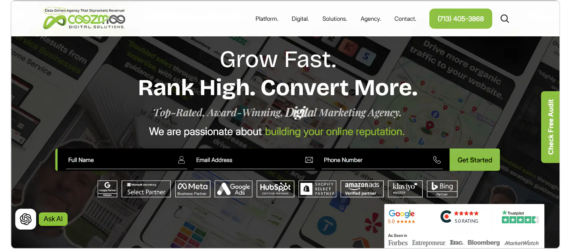 Coozmoo Digital Solutions homepage for top-rated, award-winning AI Powerd digital marketing services.