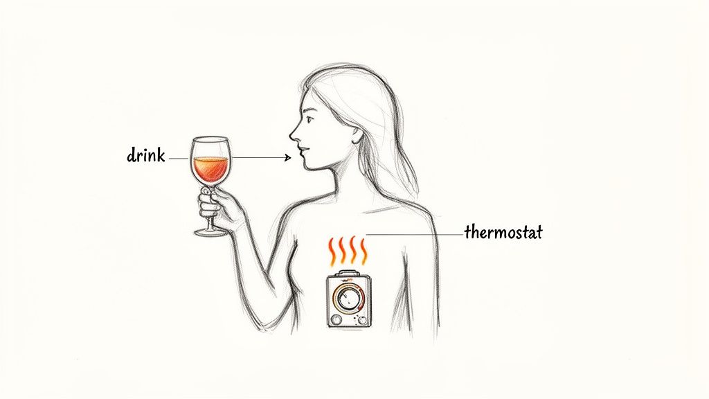 A sketch shows a woman drinking, with a thermostat on her chest radiating heat, symbolizing internal body temperature regulation.