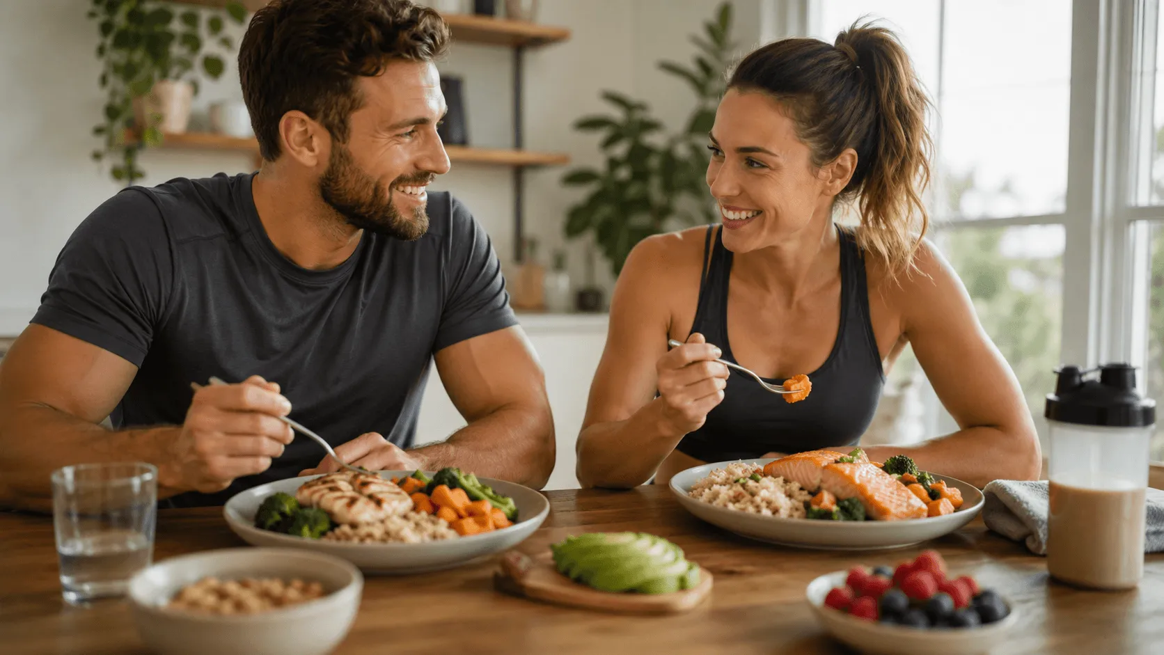 Un homme et une femme prennent un repas complet pour soutenir la prise de muscle et la récupération