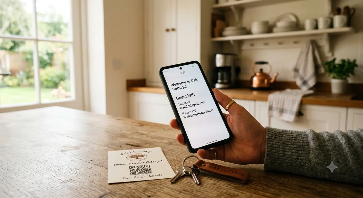 Un huésped que busca la contraseña de wifi en la guía digital desde su teléfono, junto a una tarjeta de bienvenida con código QR.