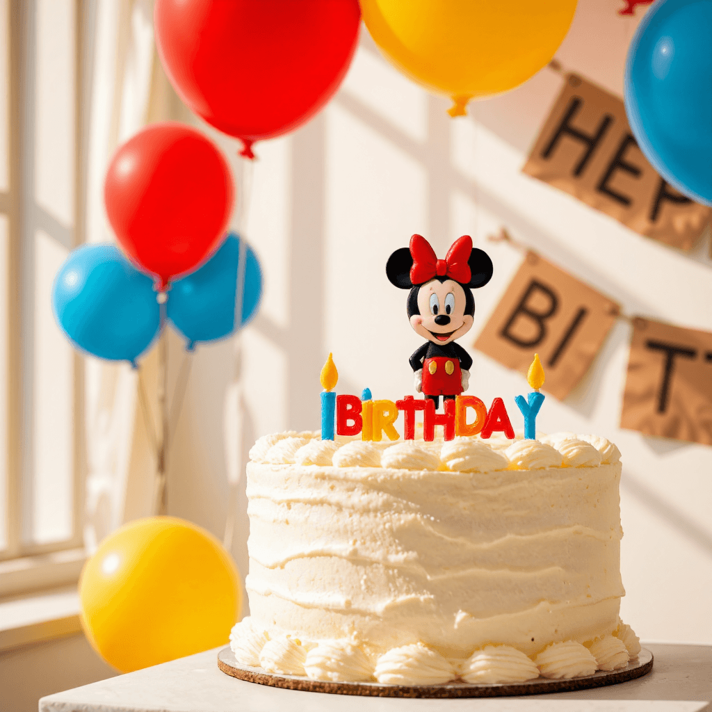 product photography of birthday cake topper with candles and a character illustration