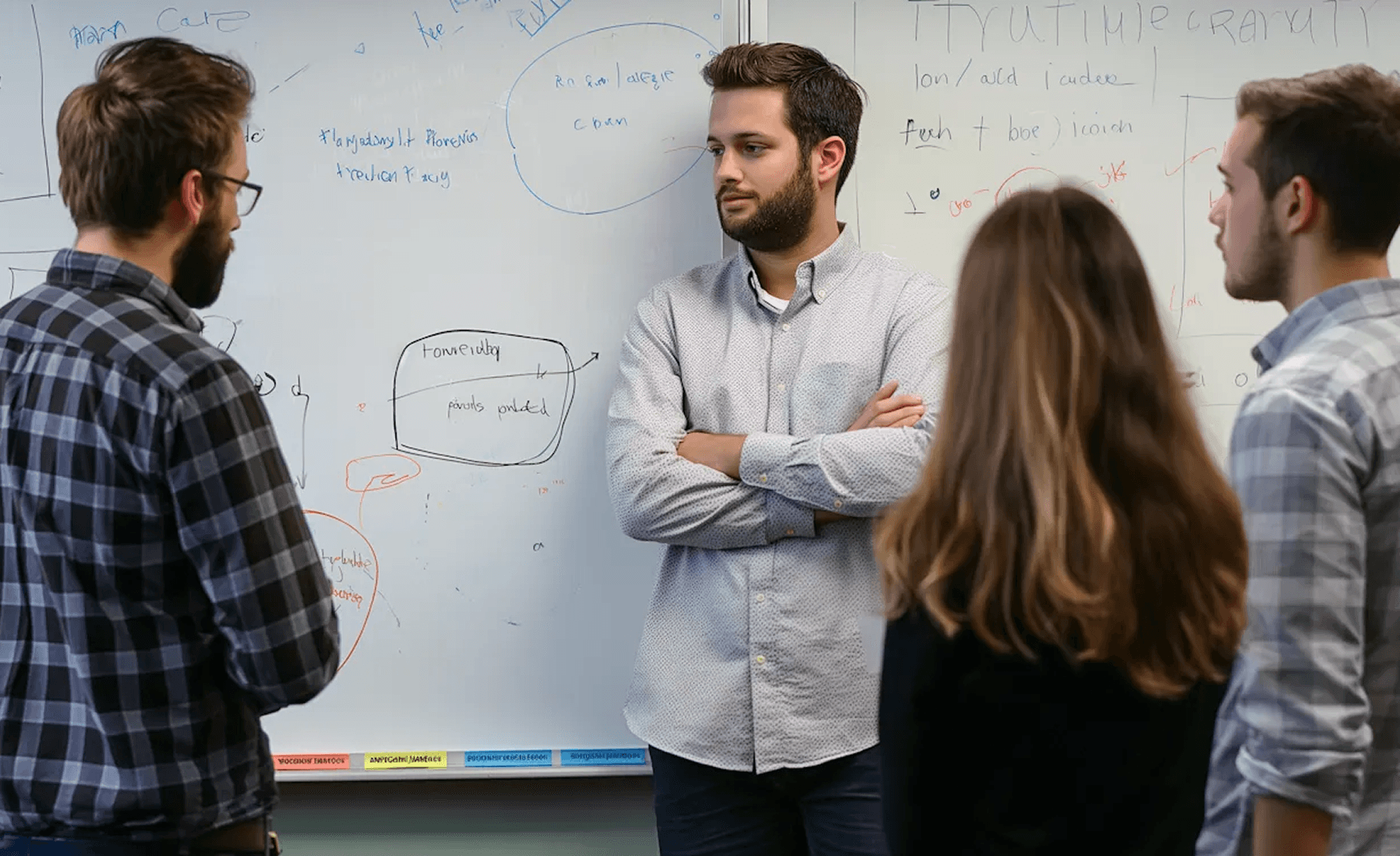 Team discussing at a whiteboard.