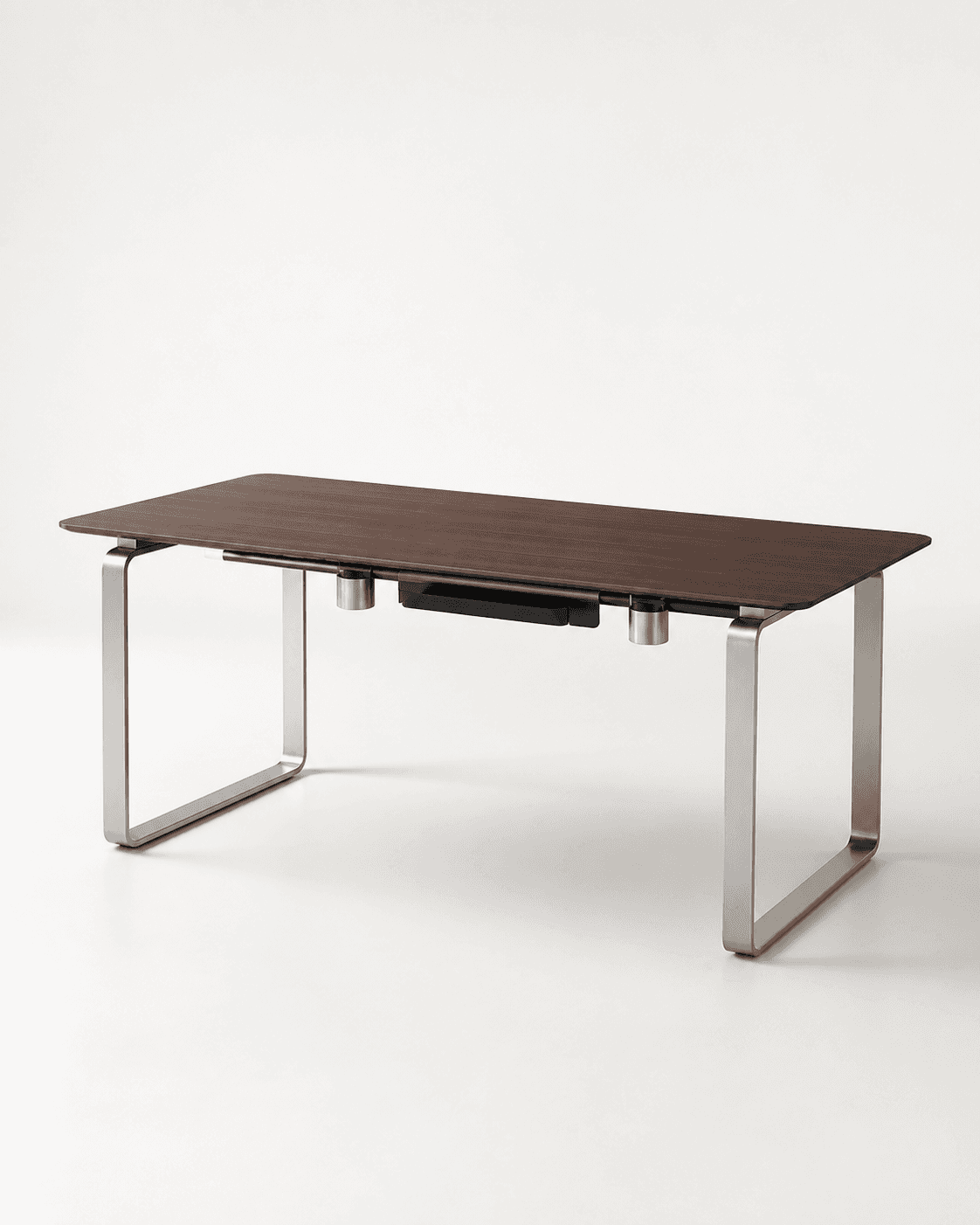 Relay walnut desk on exactly two aluminium U-frames on white