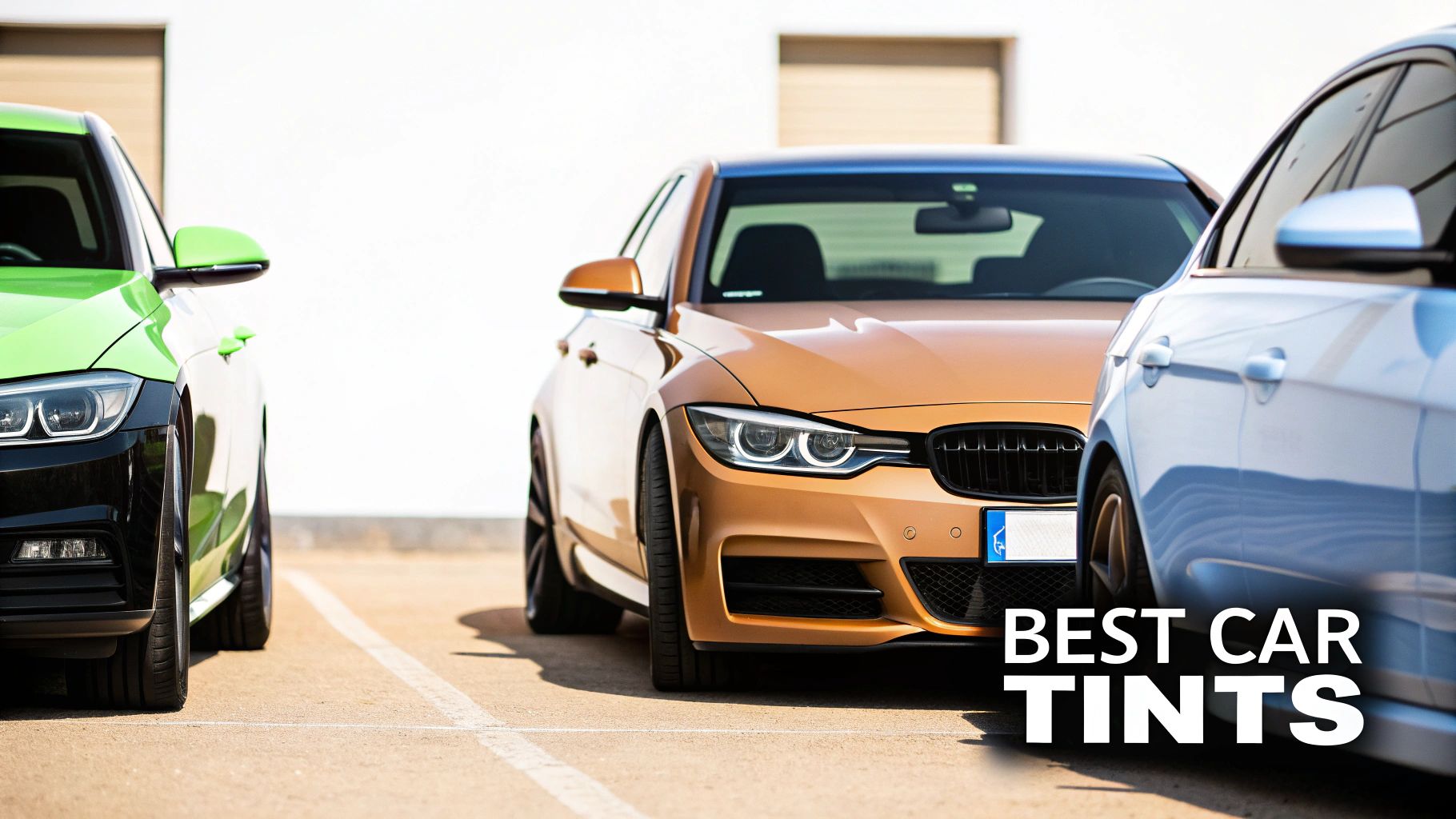 Three luxury cars in gold, green, and blue display various car tints, with 'BEST CAR TINTS' overlay.