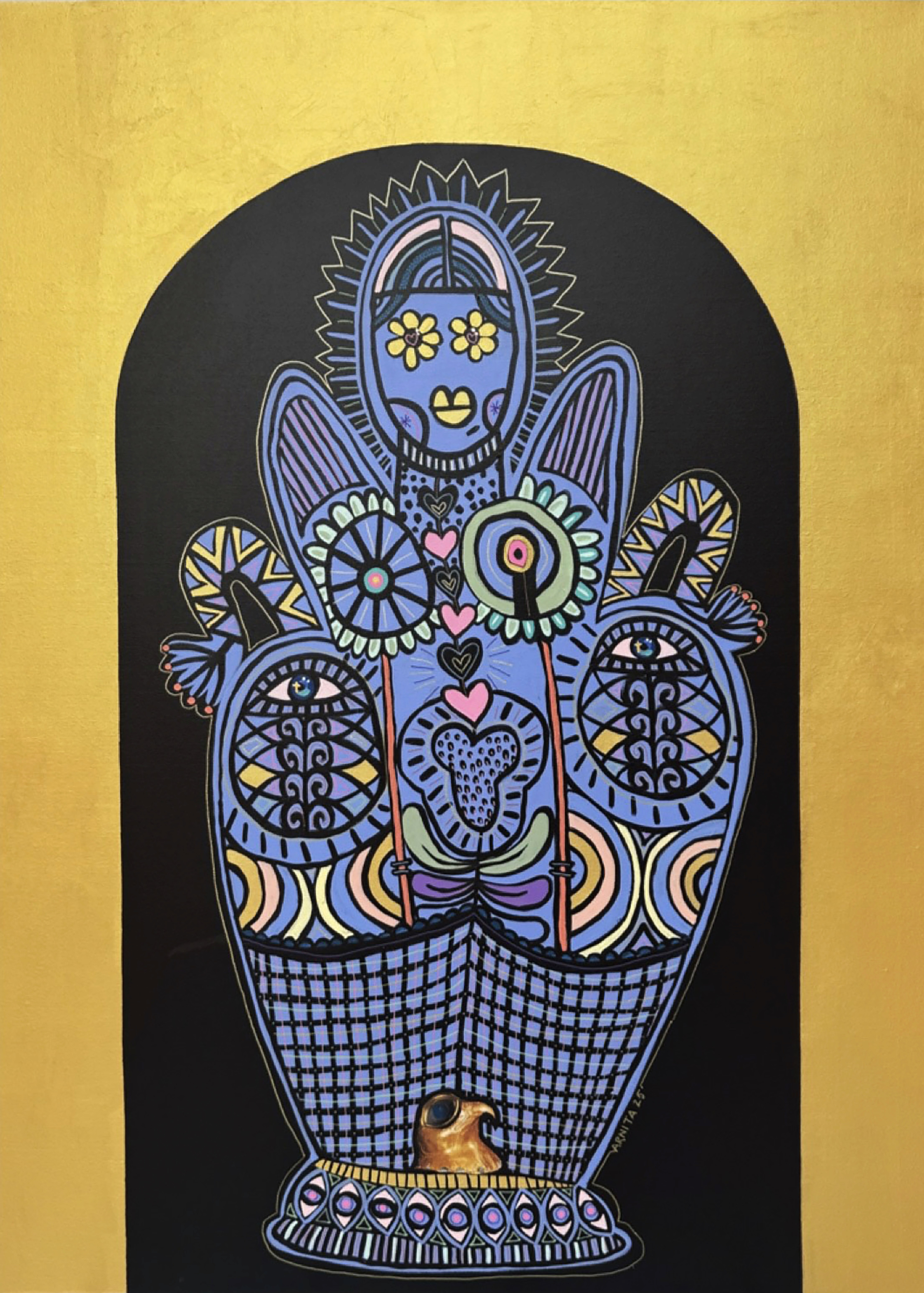 herd of sheep on road painting