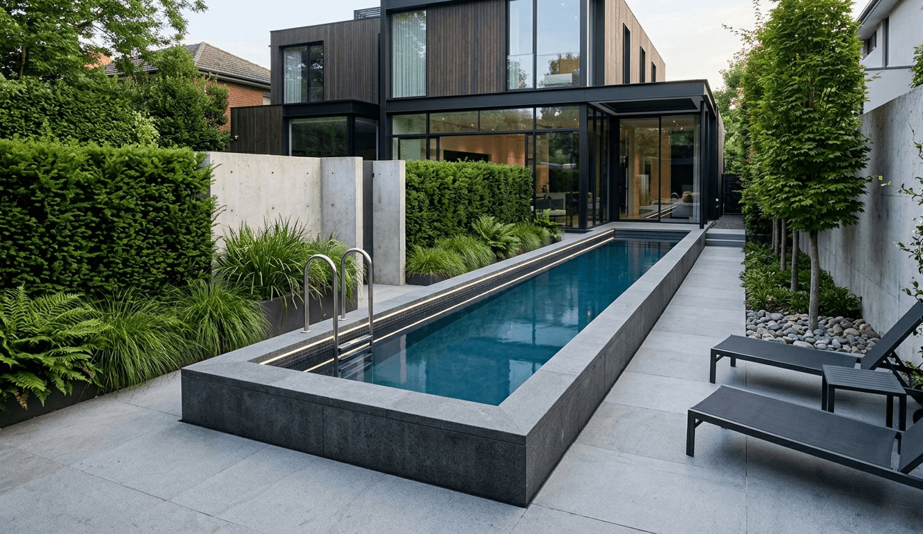 Progetto Zenith Piscine: piscina moderna a sfioro integrata armoniosamente nel giardino di una villa piemontese.