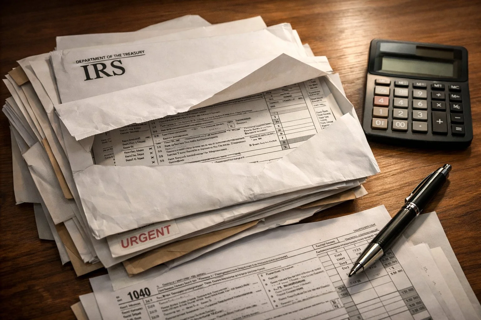 Stack of official IRS envelopes and letters on a wooden desk, partially open to reveal detailed tax forms.