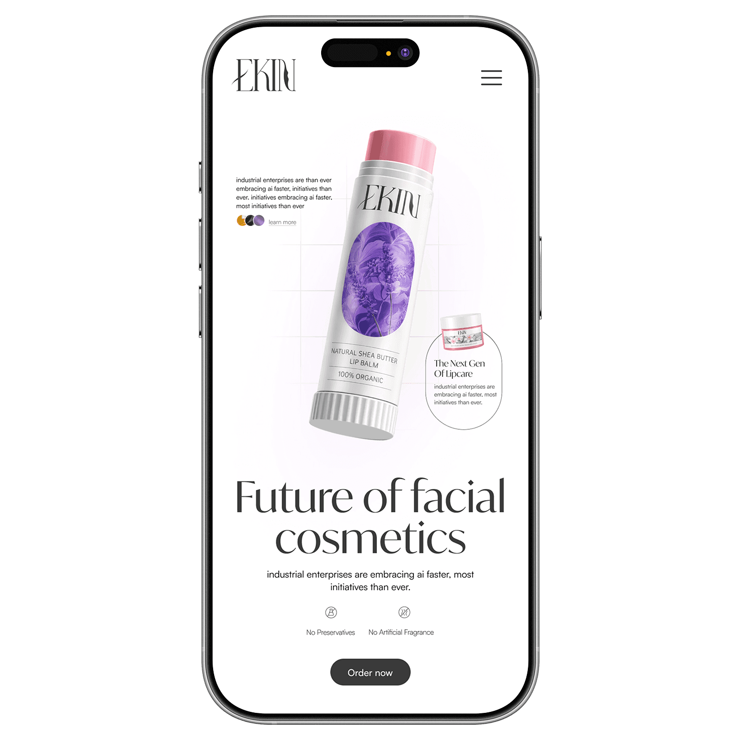 Ekin mobile website design showcasing lip balm products and clean UI