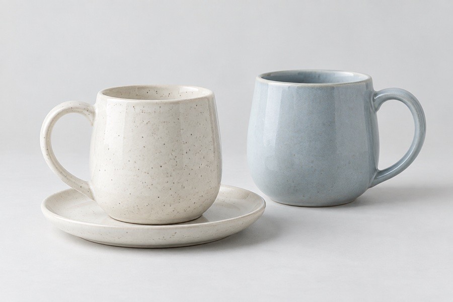 Ivory and mist-blue ceramic mugs on a pale studio background