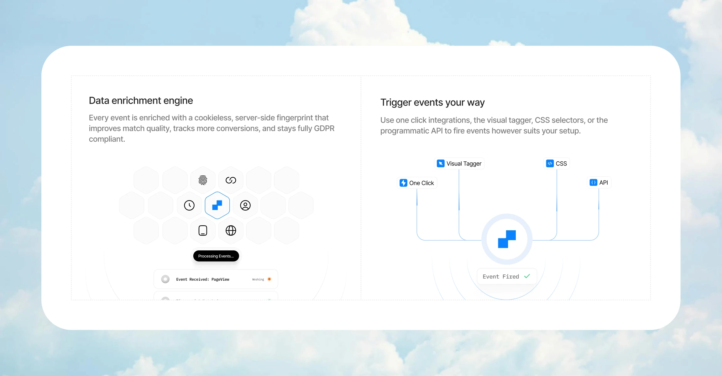 Interface showing data enrichment and trigger-based event tracking with server-side integrations for accurate user behavior tracking without reliance on cookies
