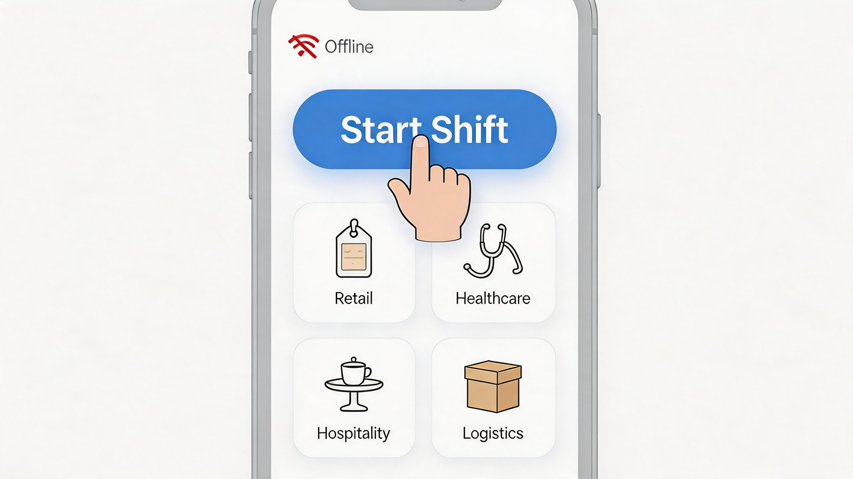 A hand tapping a Start Shift button on a smartphone screen showing various job industry categories.