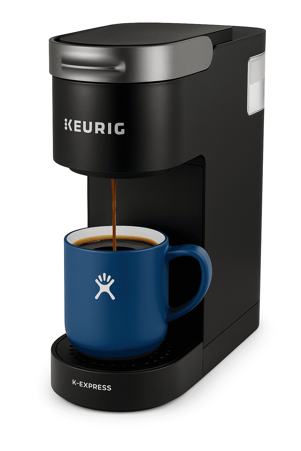 Keurig K-Express single-serve coffee maker brewing into ceramic mug