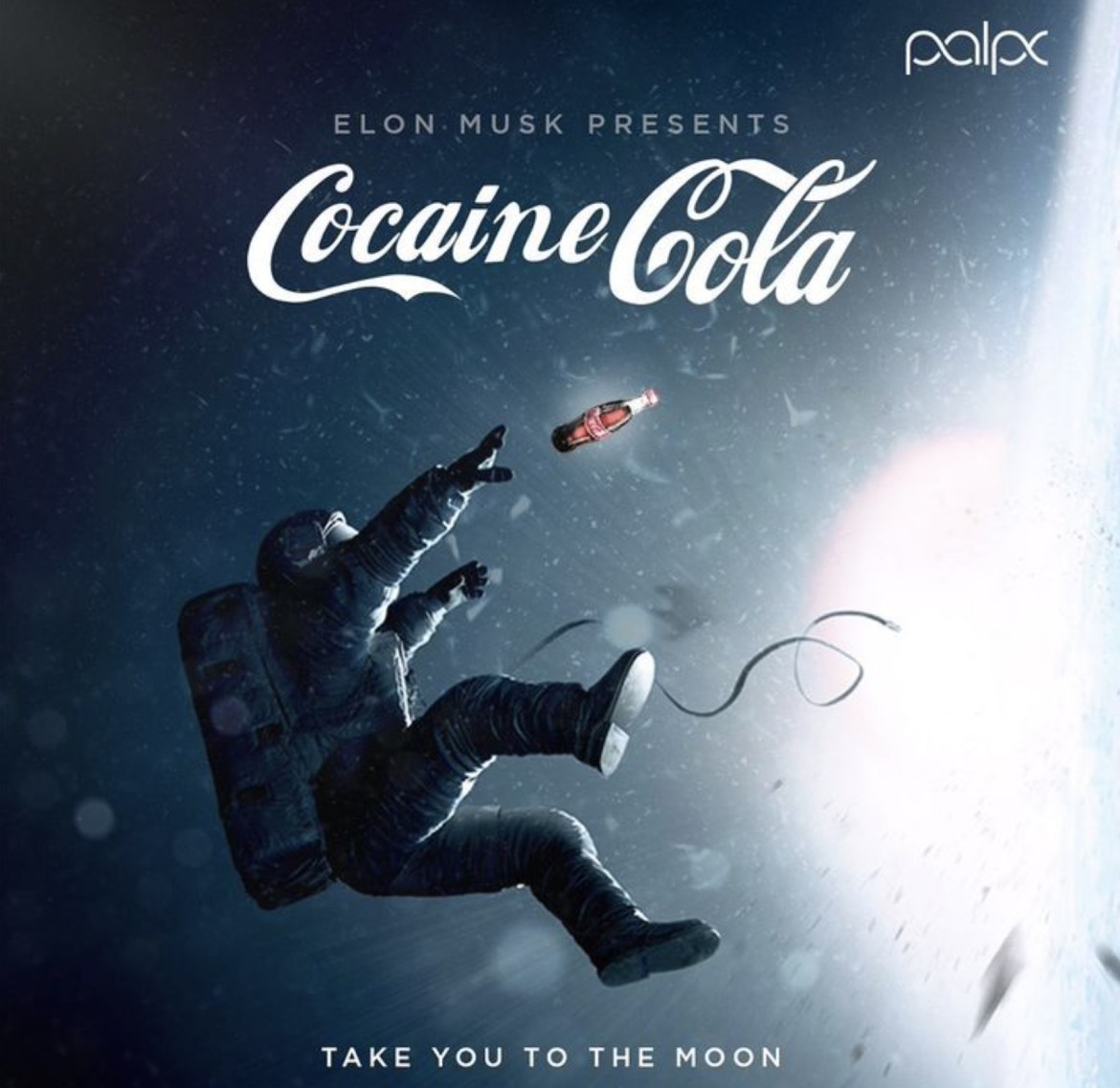 Astronaut in space with text 'Cocaine Cola' and 'Take You to the Moon,' showcasing Palpx's creative SMM campaign for Bangalore's top design company.