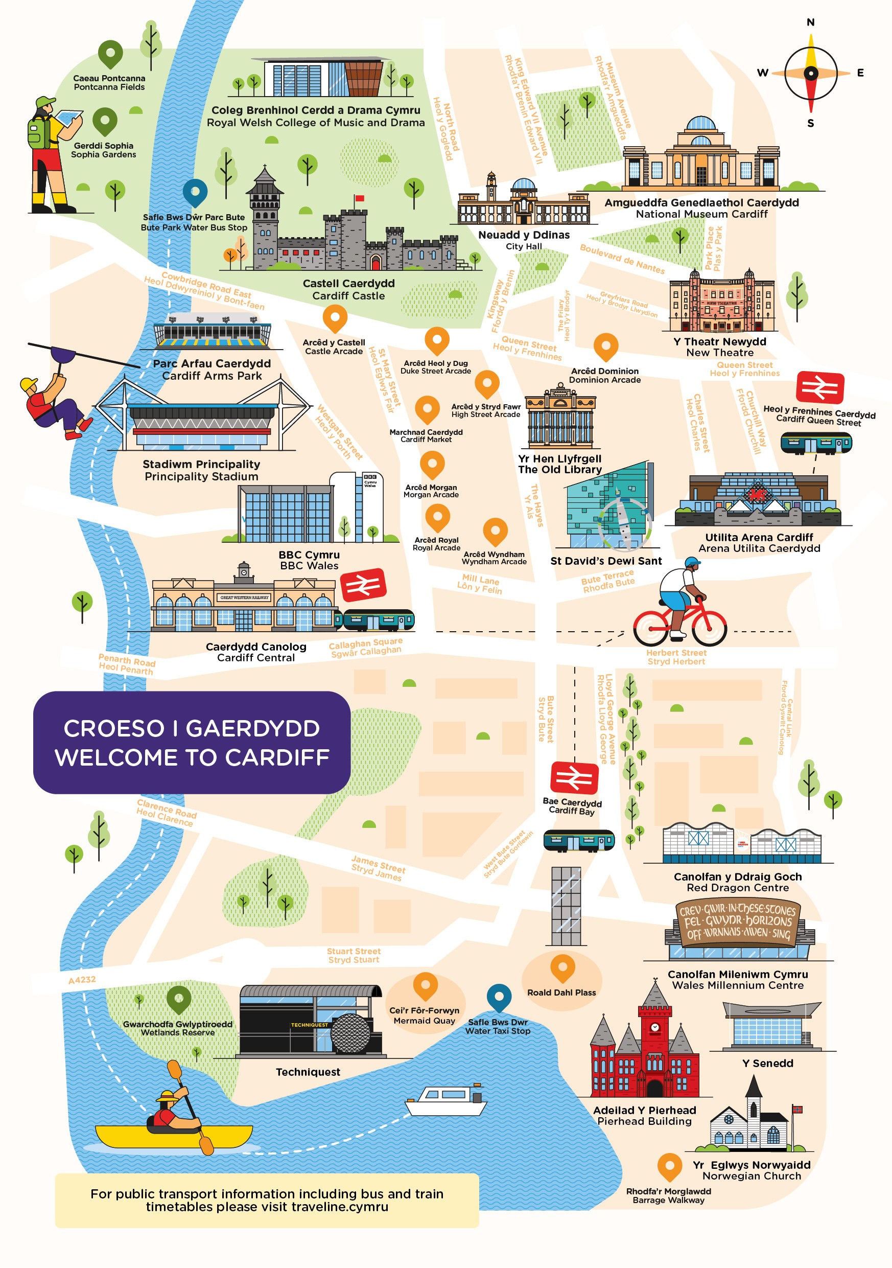 An illustrated bilingual map of Cardiff
