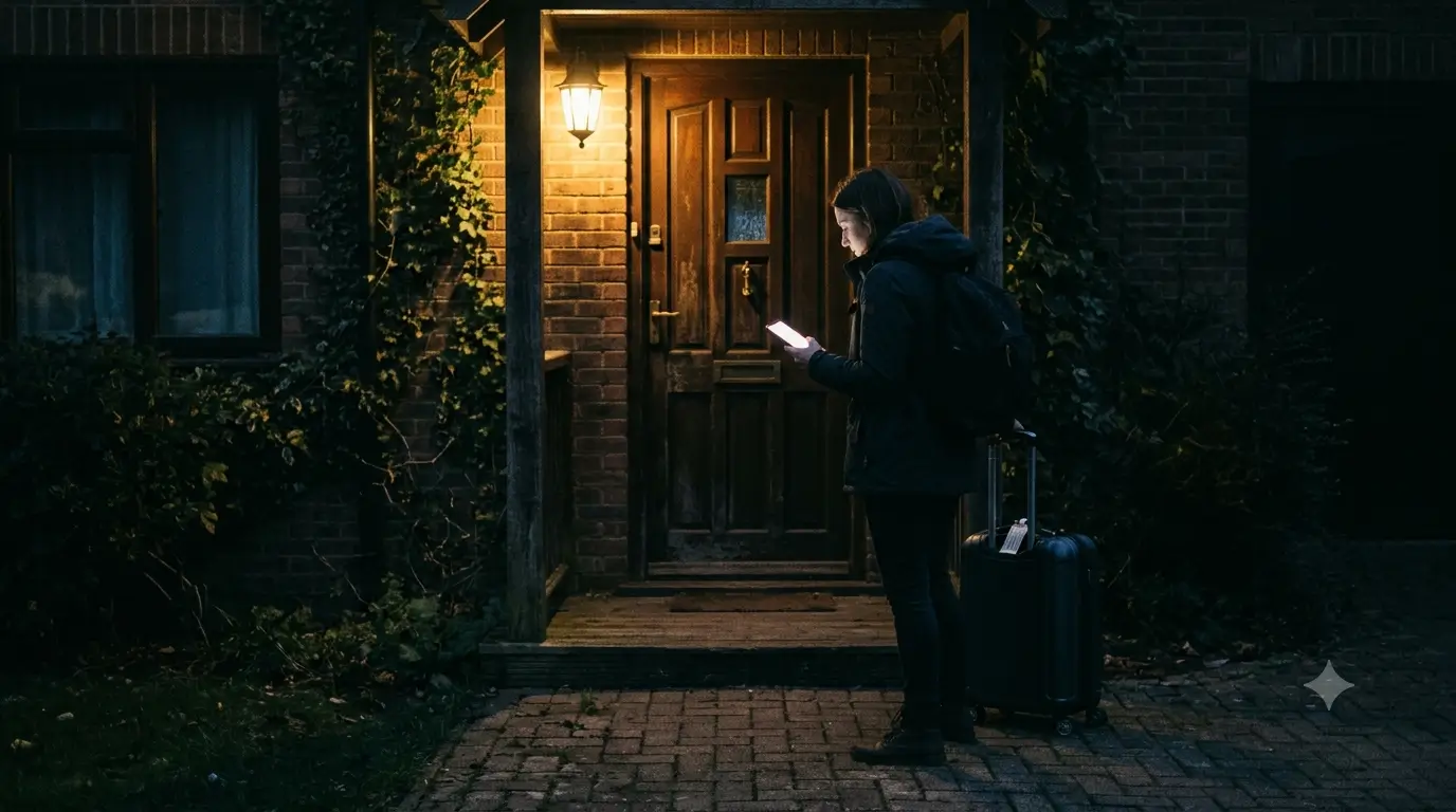 A guest standing at a dark front door at night, holding a phone, with a suitcase beside them.