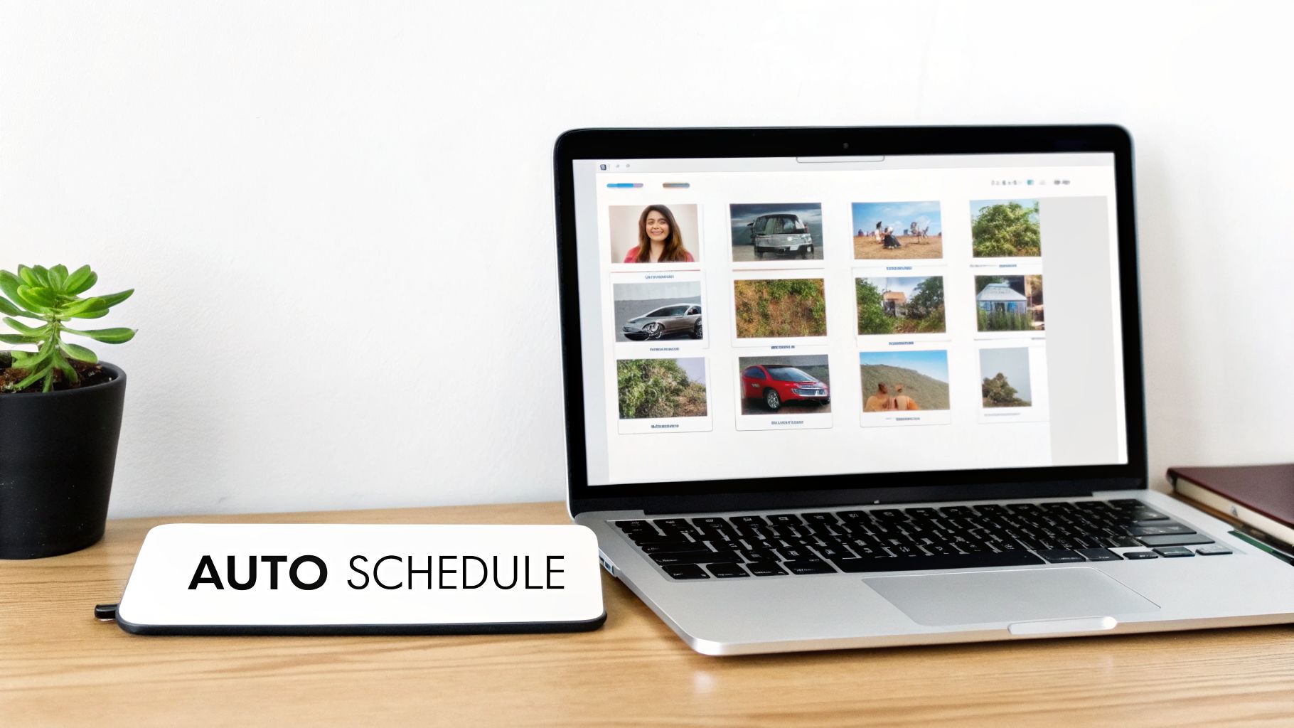 Laptop displaying a photo gallery, a device labeled 'AUTO SCHEDULE', and a succulent plant on a wooden desk.