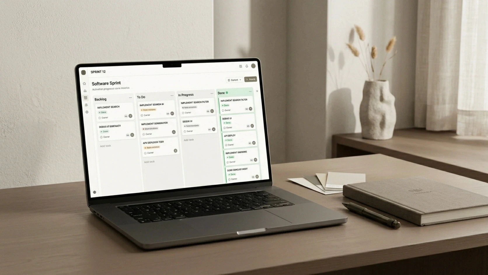 A sleek laptop showing an agile project management kanban board on a minimalist desk, illustrating an efficient MVP development and software sprint process.