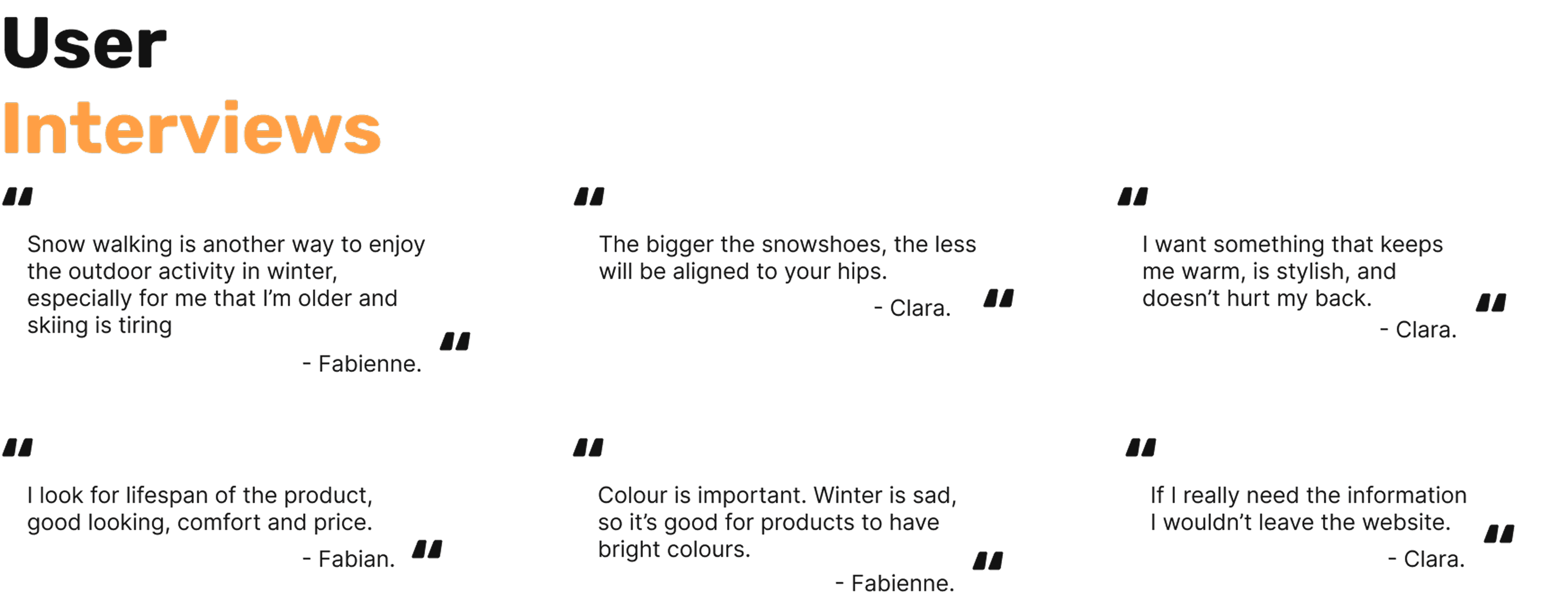 Slide listing verbatim quotes from user interviews about snow walking and snowshoeing—covering needs for comfort, color, lifespan, information clarity, and emotional design—plus a note on forming user personas from qualitative feedback.