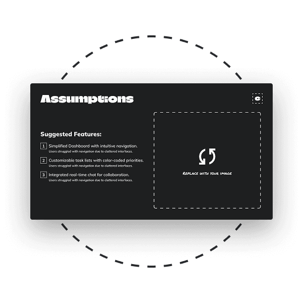UX case study assumptions slide showing suggested features with space for quotes in presentation template.