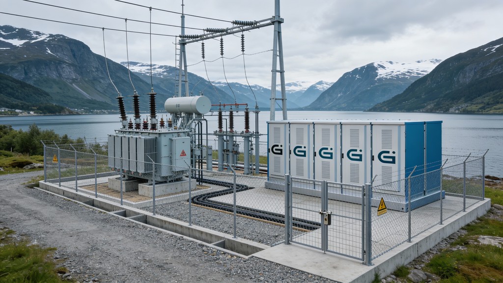 Gridcore modular power installation by a fjord, showing transformer infrastructure, electrical equipment, and enclosed energy units set against mountains.