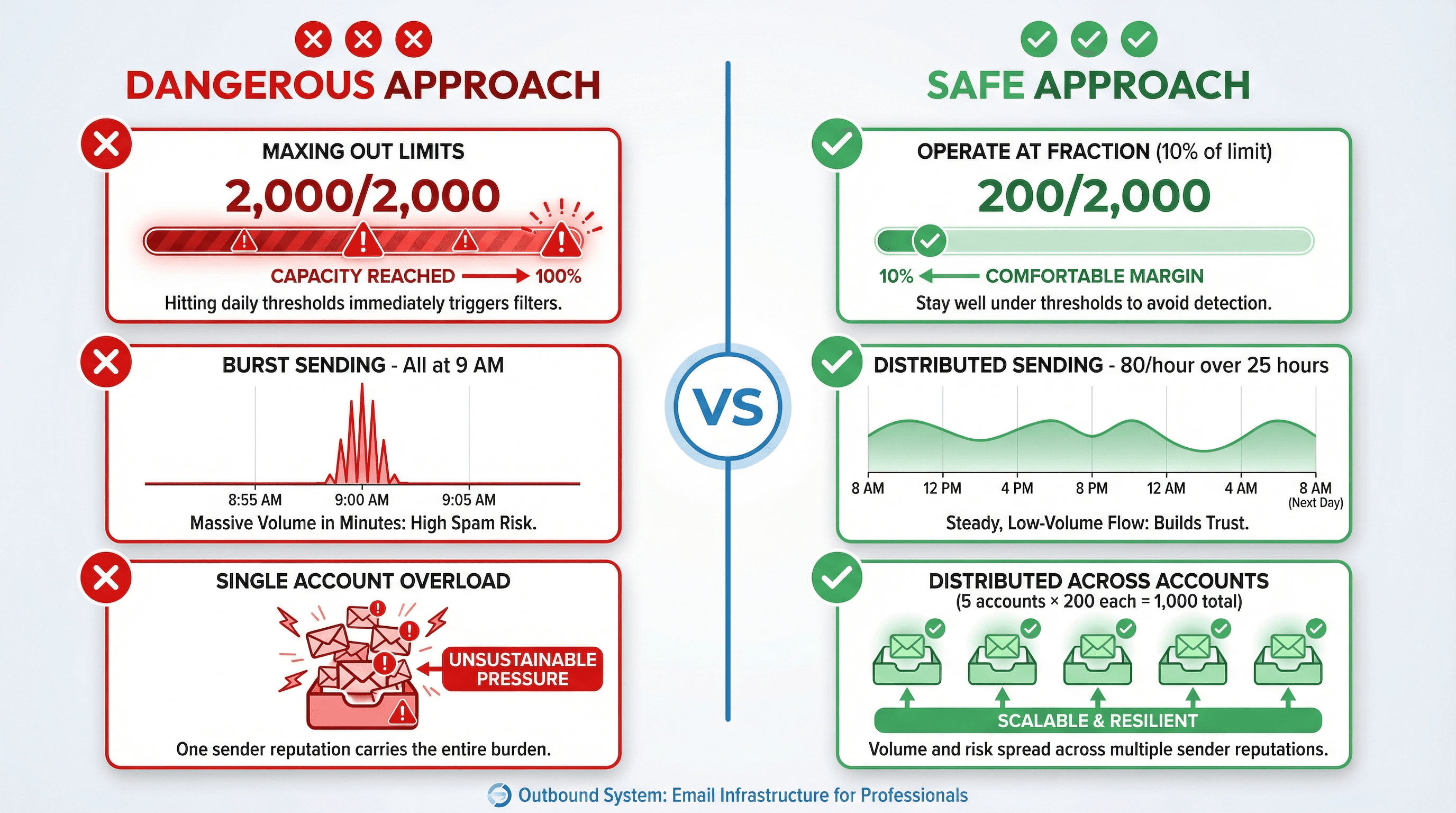 Side-by-side comparison showing unsafe vs safe email sending practices: maxing limits vs operating at fractions, burst patterns vs distributed sending