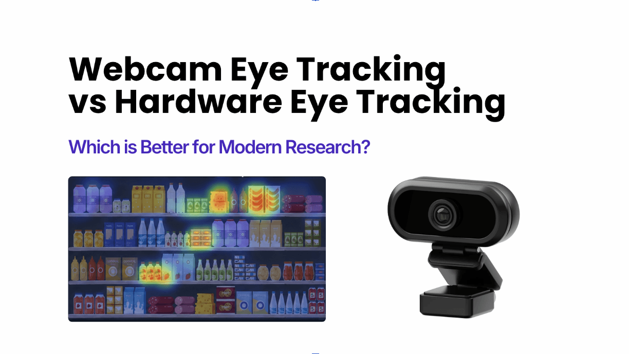 Blog thumbnail titled “Webcam Eye Tracking vs Hardware Eye Tracking” with the subtitle “Which is Better for Modern Research?” displayed in large bold black text on a light gray background. Below the headline, a retail shelf image on the left shows an eye-tracking heatmap overlay highlighting products with red, yellow, and green attention hotspots. On the right, a large black webcam represents webcam-based eye tracking technology. The layout presents a visual comparison between webcam eye tracking and traditional hardware eye tracking for research applications.