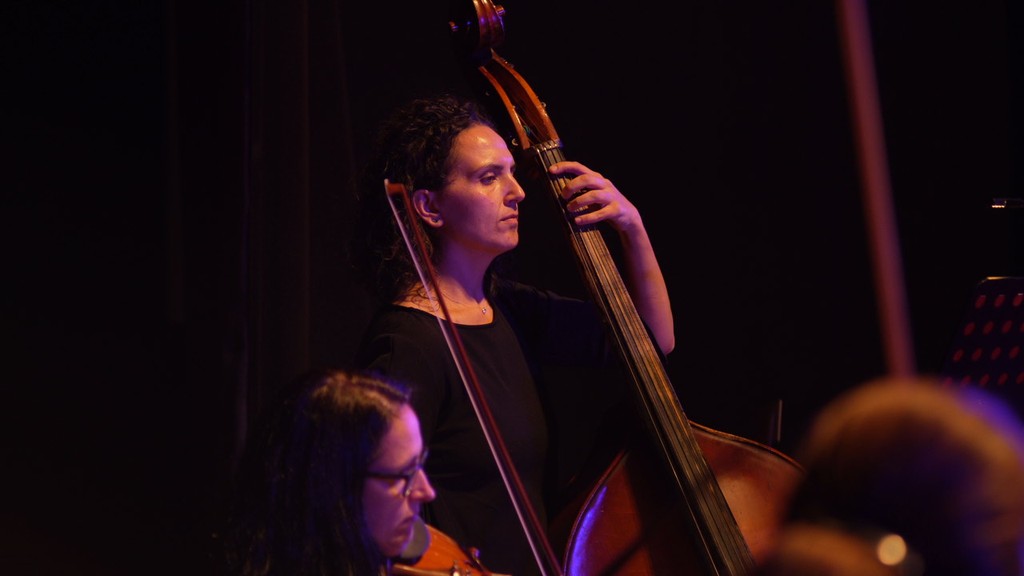 A woman holding a violin on stage