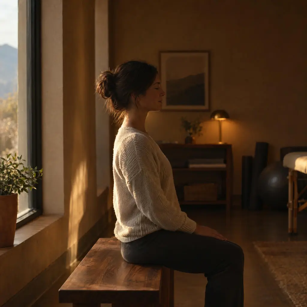 Woman seated on a walnut bench doing a chin tuck exercise for neck pain
