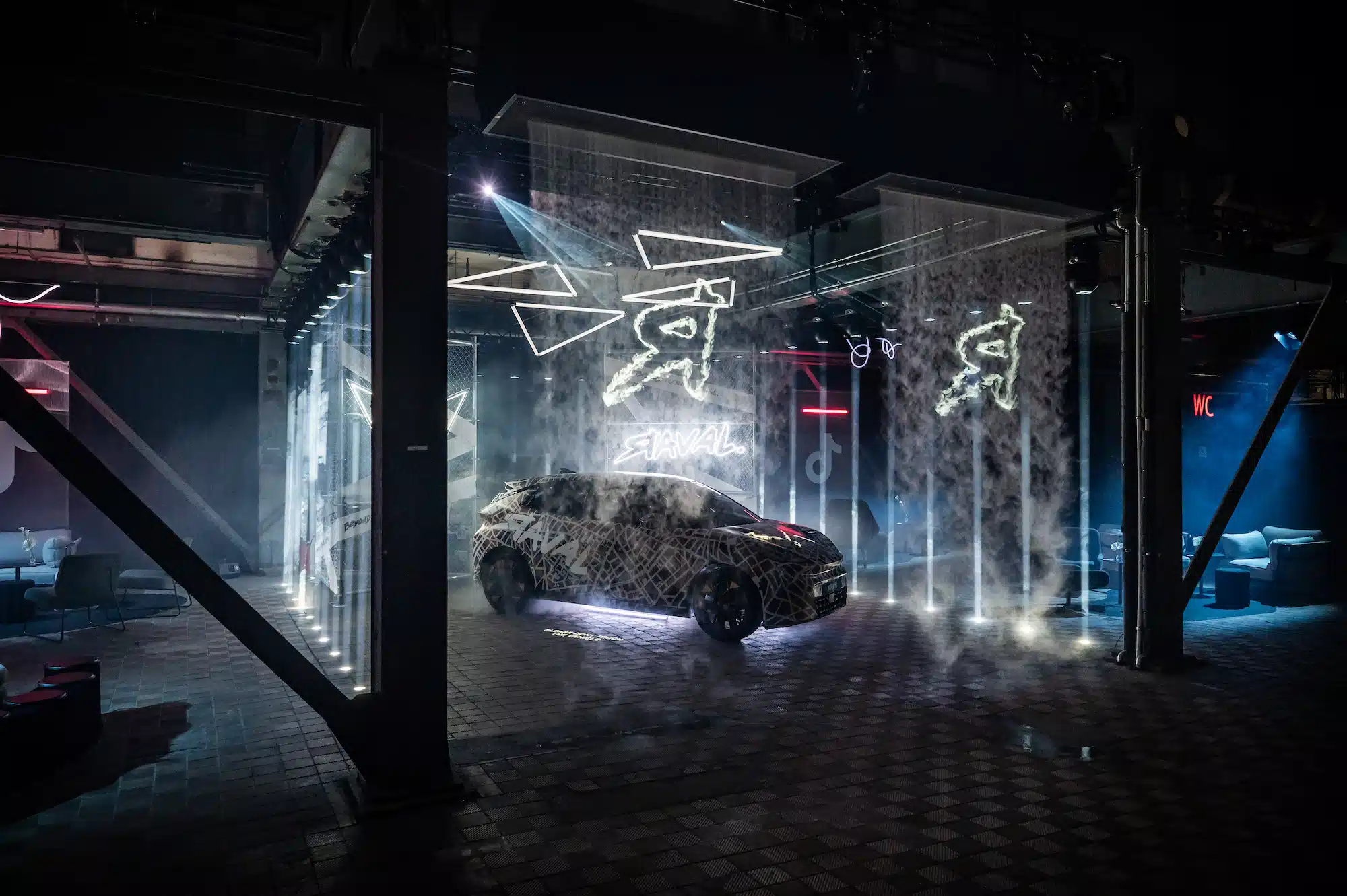 TikTok Awards – car activation with dramatic fog staging and illuminated neon art installations