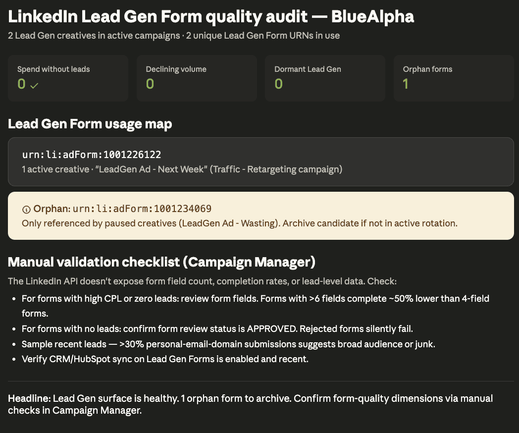 LinkedIn Ads Skills in Claude - lead gen form quality audit