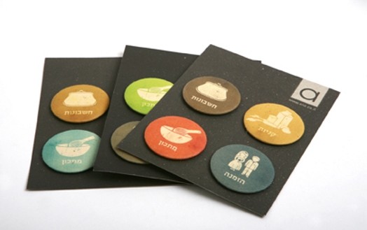 Buttons with fabric covers and different icons, like food, people, signs, etc.