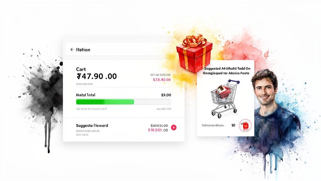 E-commerce cart interface showing totals, rewards, gift box, shopping cart, and a smiling man.