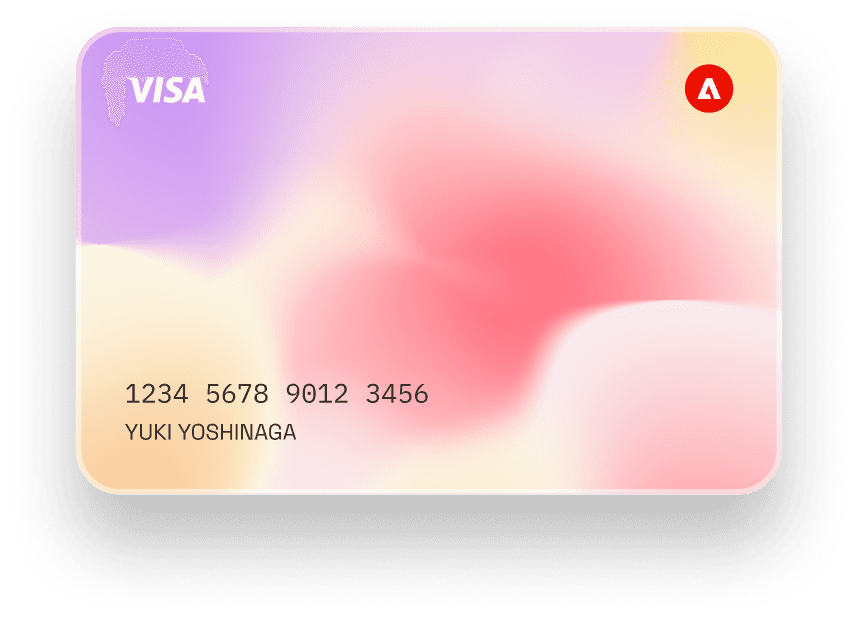 Visa debit card with gradient purple and pink design, displaying sample card number and cardholder name.