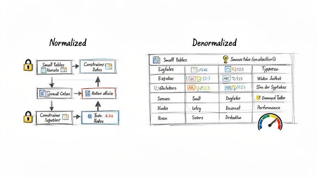 Diagram comparing normalized database design with multiple linked tables and a single denormalized table.
