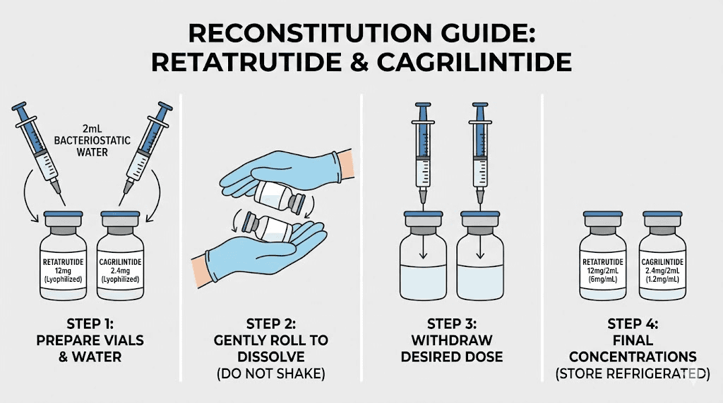 Retatrutide and cagrilintide reconstitution guide showing vials water volumes and concentrations