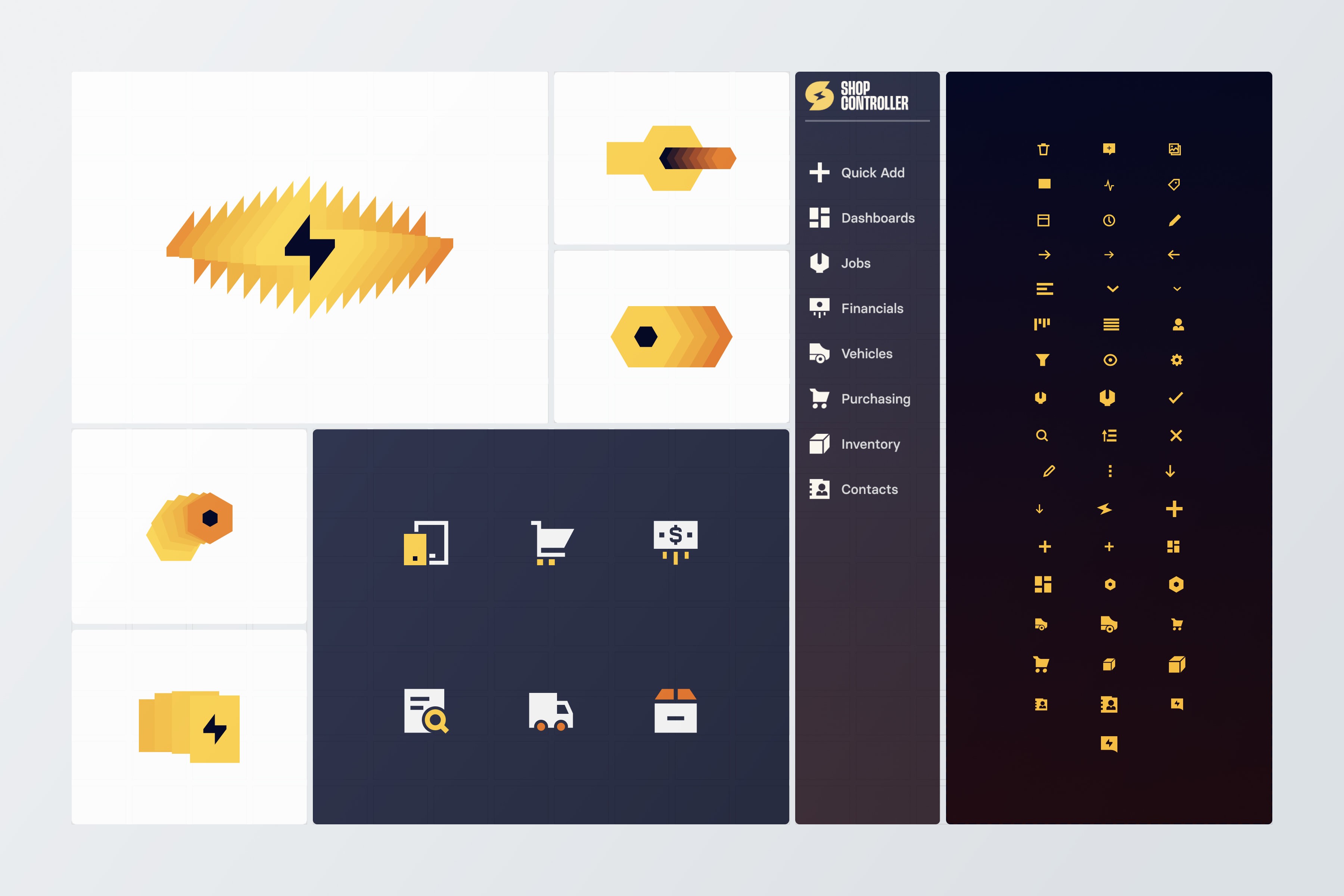 A mockup of icons that were developed and used for ShopController, showing different treatments of the visual brand language for ShopController. 