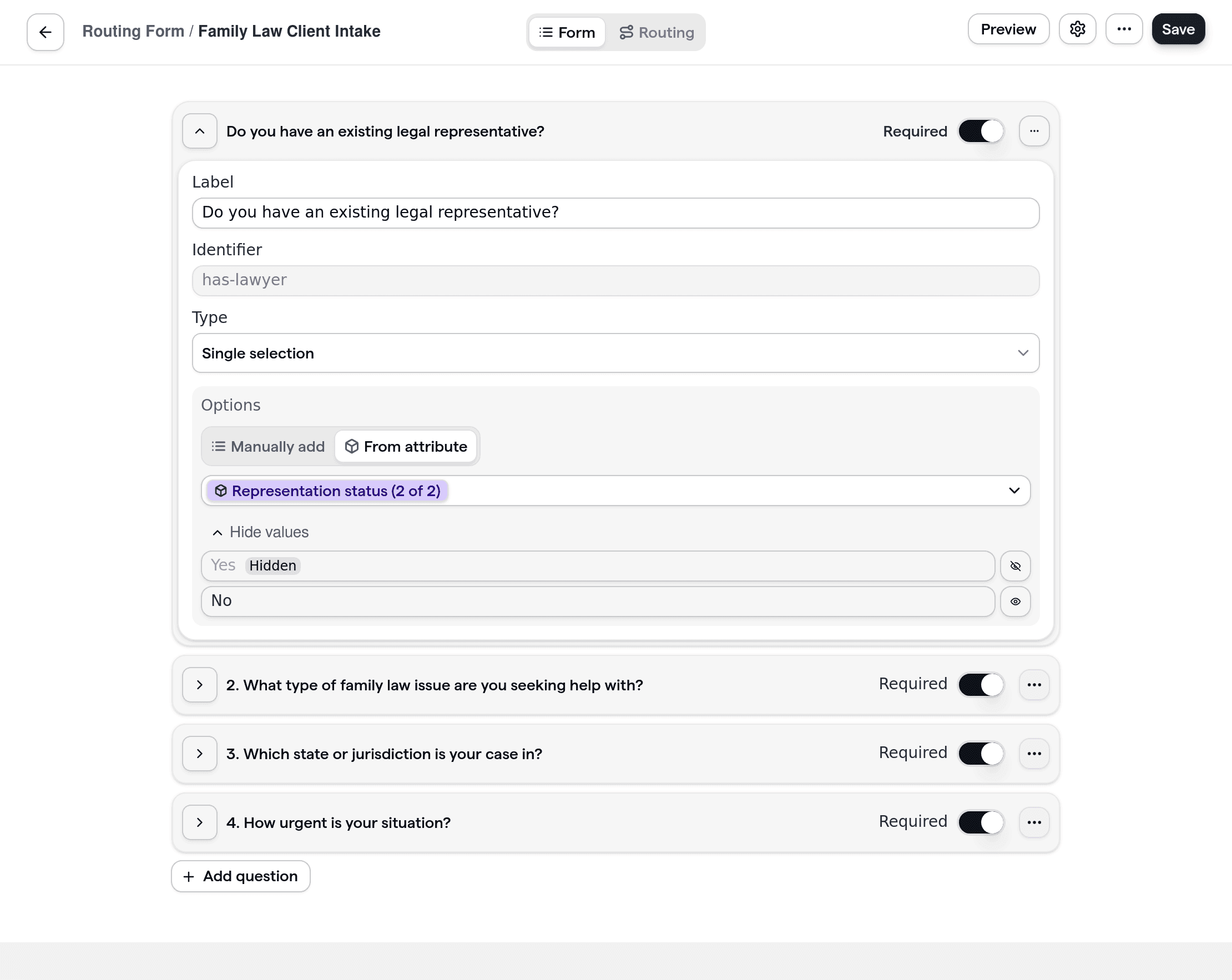 A Cal.com routing form tailored for family law firms, displaying intake questions about case type, jurisdiction, and urgency.