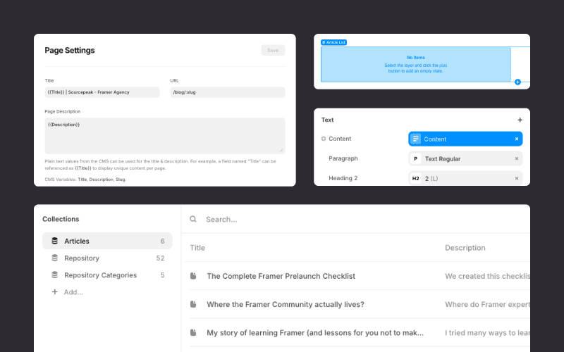 Framer CMS panels showing dynamic meta tags, article collections, and rich text mapping for dynamic pages.