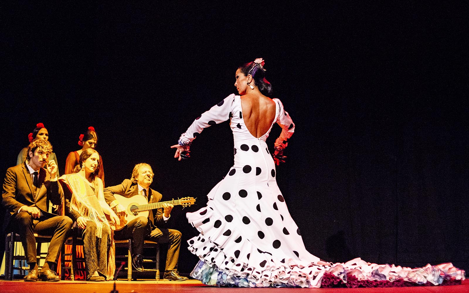 Flamenco dancer performing with musicians on stage during Pasión espectáculo flamenco.