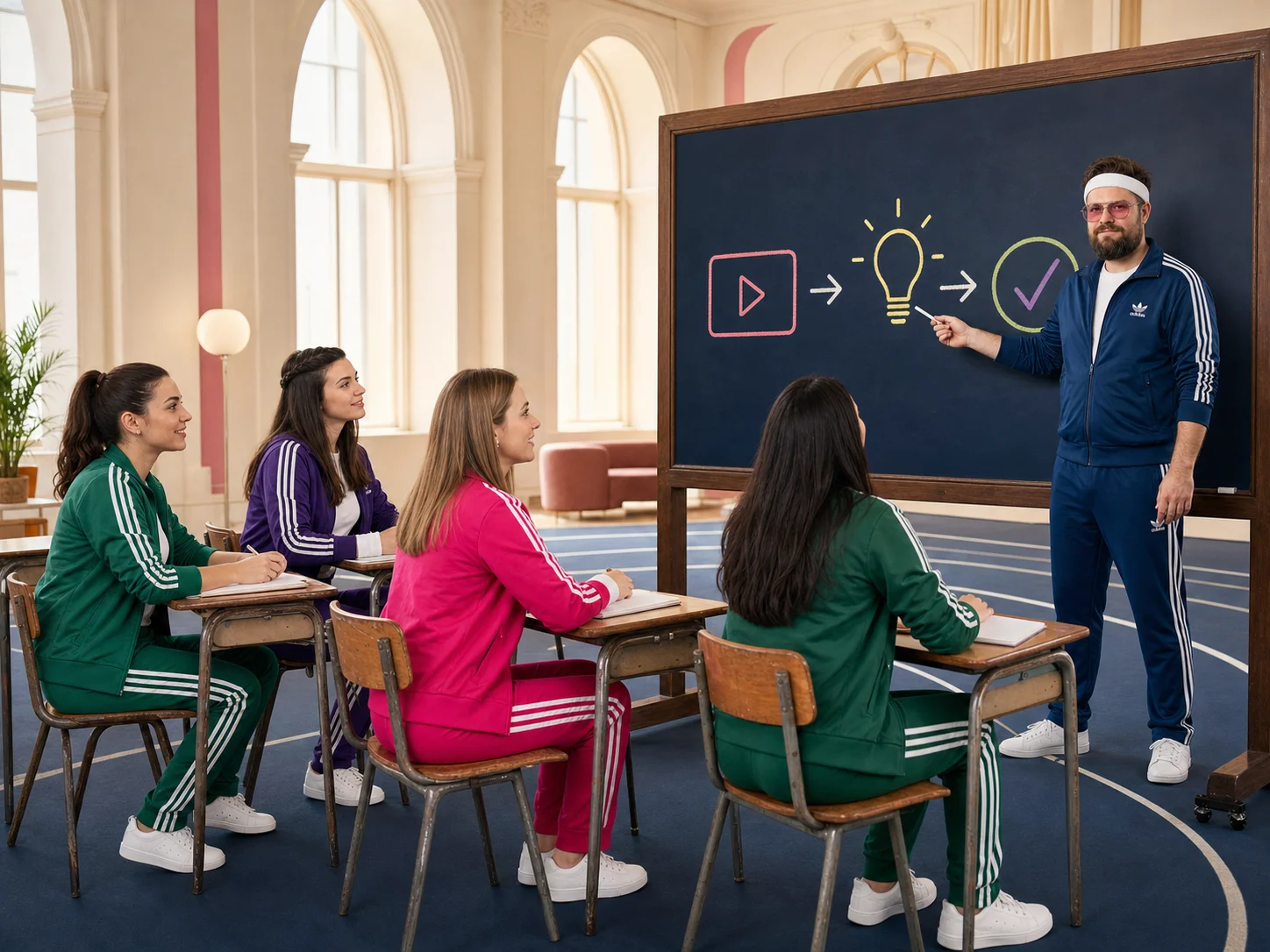 Un groupe de personnes en survêtement échange autour d’un tableau de planification.