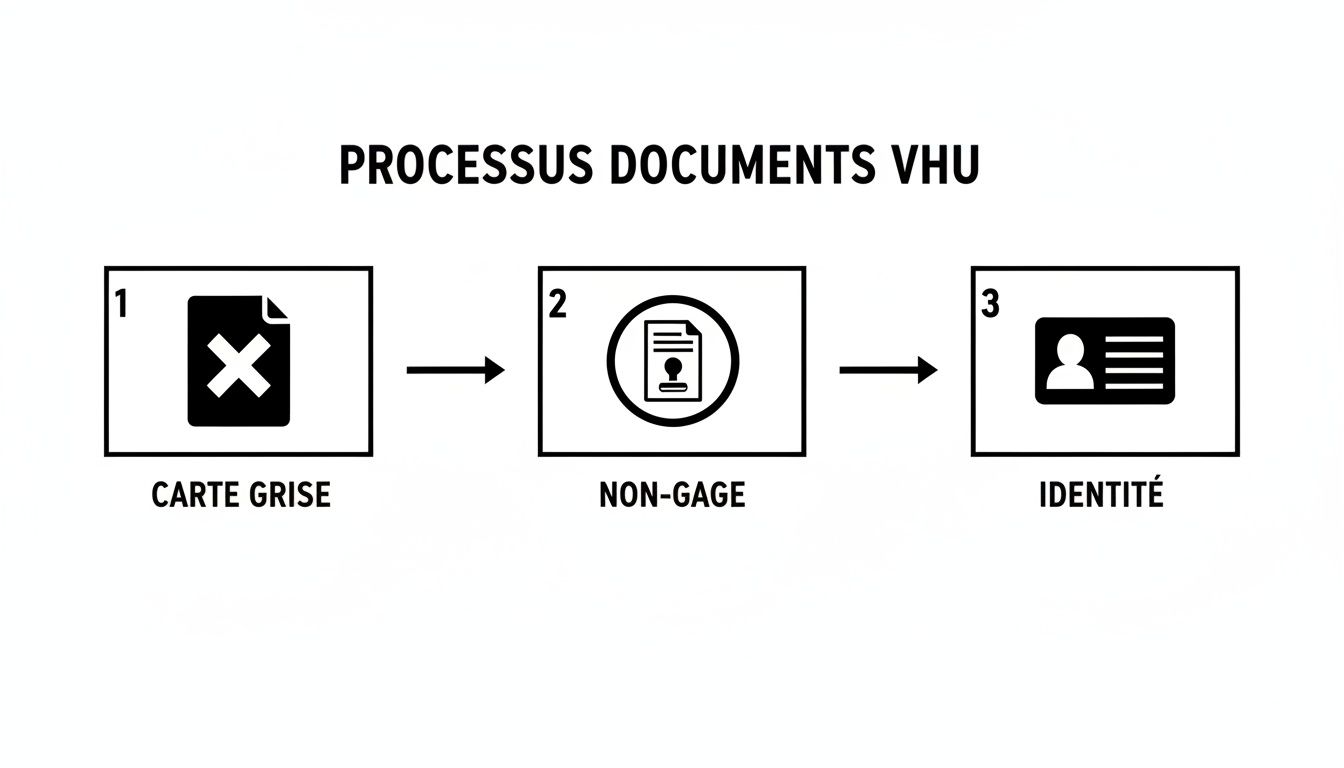 Diagramme illustrant le processus des documents VHU en trois étapes : carte grise (annulée), certificat de non-gage, et pièce d'identité.