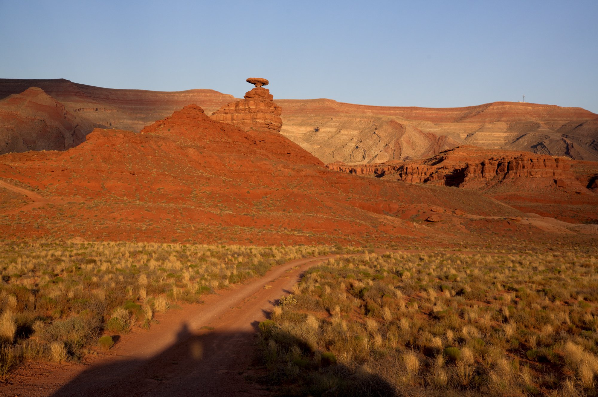 A dirt road curving toward Mexican Hat Rock in southern Utah at golden hour, the sombrero-shaped boulder balanced on its pedestal above the red desert.