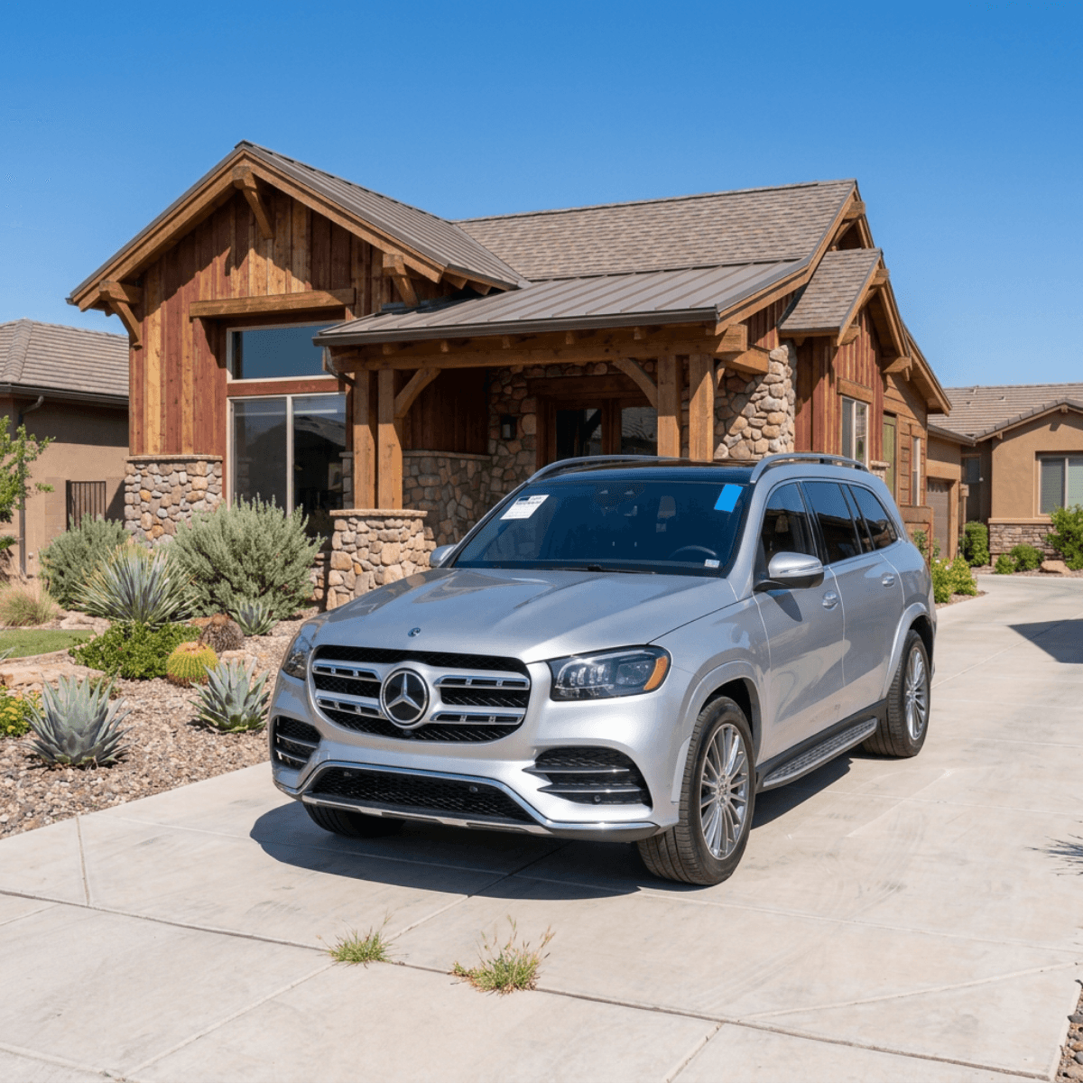Silver Mercedes-Benz GLC parked beside a Casa Grande home with fresh auto glass courtesy of Bang AutoGlass