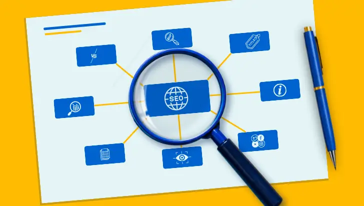Diagram of SEO core concepts and entity-based search with a magnifying glass and pen.