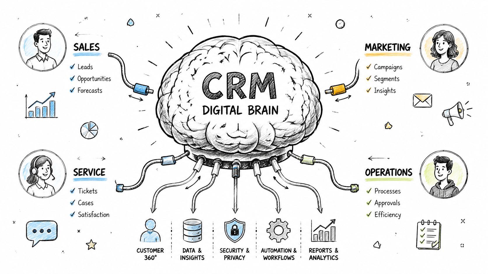 A conceptual hand-drawn illustration showing a digital brain representing CRM connected to sales, marketing, service, and operations departments.