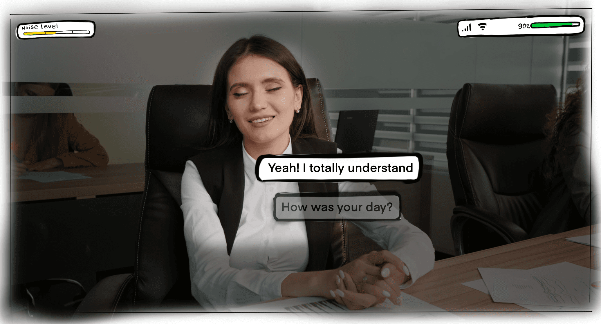 A sketch of the captionin feature showing text bubbles next the person's face