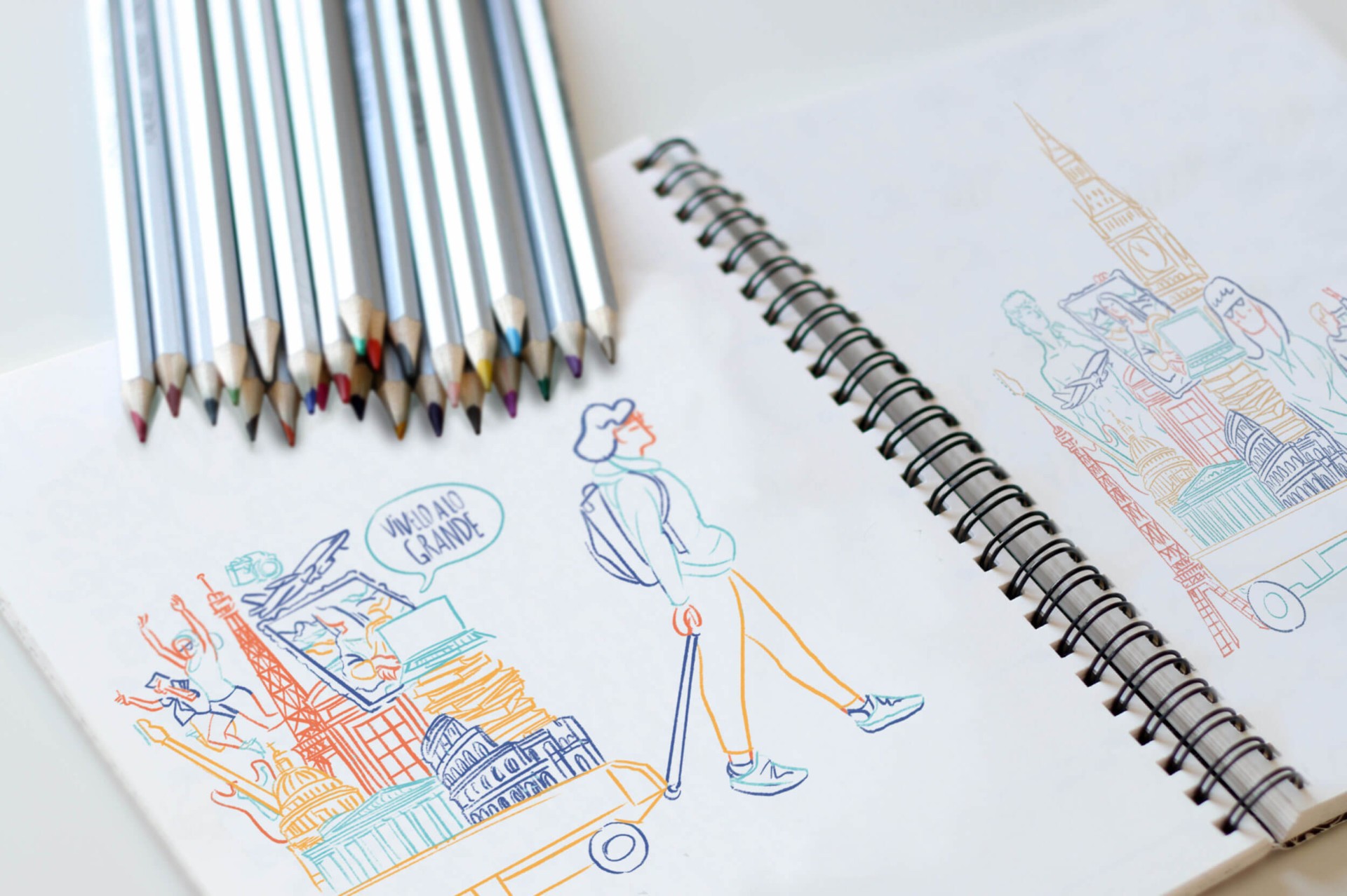Dibujo de viaje en cuaderno con lápices de colores, ilustraciones de monumentos y turista en estilo Banco Santander